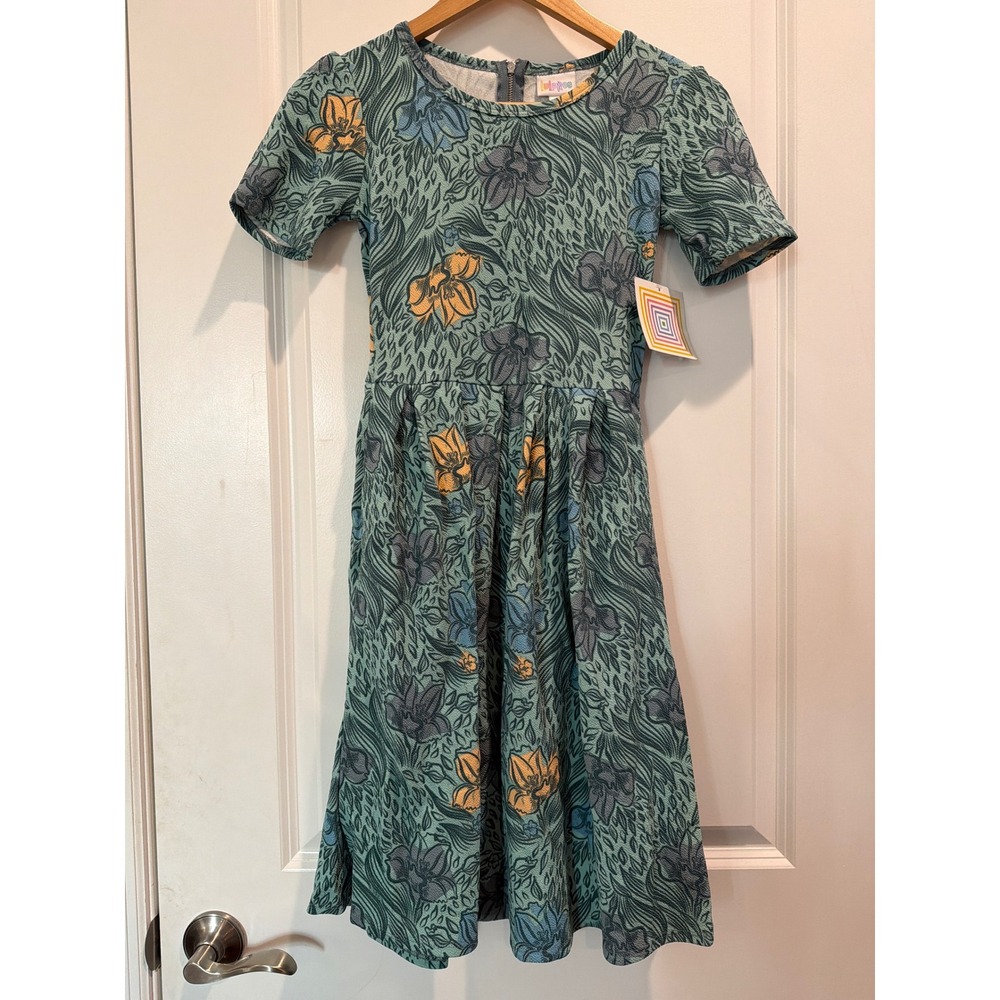 LuLaRoe Amelia Dress XXS Green Blue Floral Botanical Short Sleeve Pleated NWT